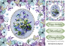 pretty lilac/blues pansies in a basket in floral frame with butterflies 8x8