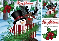 snowman and reindeer hiding in a present 8x8