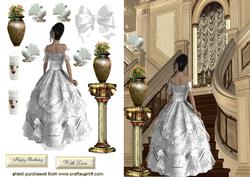 Elegant Lady in White Gown on a Staircase