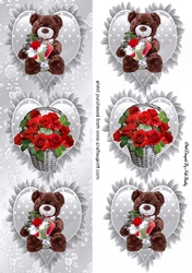 3 silver frilly hearts with bears and basket of roses tall DL