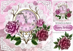 Nearly Midnight! with vintage clock & pink roses with lace 8x8