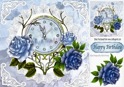 Nearly Midnight! with vintage clock & blue roses with lace 8x8