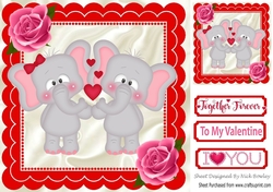 Cute pair of romantic elephants with pink roses 8x8