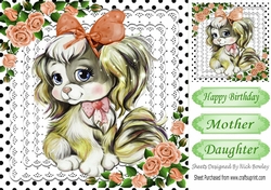 Adorable little puppy with bow , peach roses & lace 8x8