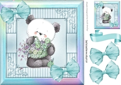 cute little panda with flowers and turq bows in rainbow frame 8x8