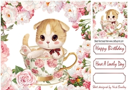 cute kitten in a teacup with pink roses & peonies 8x8