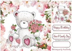 for you! cute white teddy with pink roses & peonies 8x8