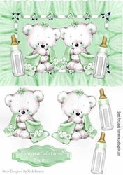 Congratulations twins (green)! cute baby bears with snuggle blankets