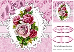 Vintage pink shades of roses on lace with bow 8x8