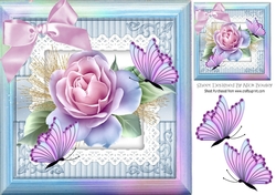  beautiful pink roses with satin bow & butterflies in rainbow frame 8x8