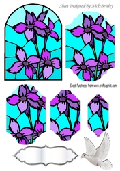 pretty stained glass window & purple flowers, dove, bracket pyramids