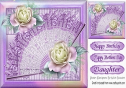 Pretty lace fan with beautiful lilac roses in lilac rainbow frame 8x8