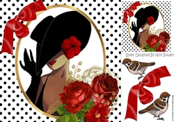 classy lady with polkadot, red bow, roses and birds 8x8