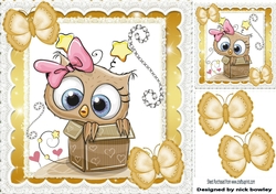 Cute owl in heart box with butterflies & sparkle 8x8