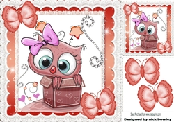 Cute owl in heart box with red butterflies & sparkle 8x8