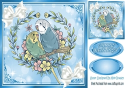 pretty budgies with white bows in  blue ornate frame 8x8