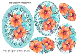 painted peach hibiscus flowers in pearl frame, oval pyramids