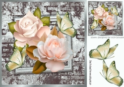 peach roses with brick effect frame with butterflies 8x8