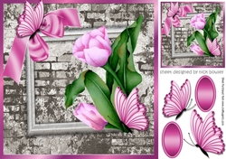 pretty corner pink tulips & butterflies with brick effect wall 8x8