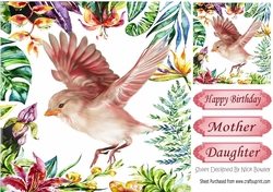 pretty flying pink bird in tropical flower frame 8x8