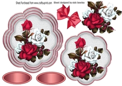 pretty cerise/white roses with bow topper/card fronts