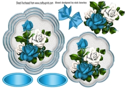 pretty turq/white roses with bow topper/card fronts