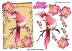 pink tropical bird with flowers on a scroll