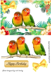 Pair of love birds on a branch in tropical flower frame