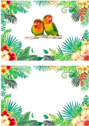 Pair of love birds on a branch in tropical flower frame insert