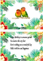 Pair of love birds on a branch in tropical flower frame insert with verse