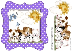 cute little puppies with little blue bird  & clouds purple polka dot frame 8x8