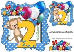 cute monkey birthday age (two blue) with balloons 8x8