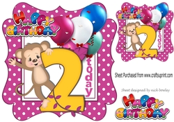 cute monkey birthday age (two pink) with balloons 8x8