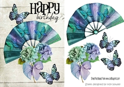 pretty blue rainbow fan with flowers and butterflies A5