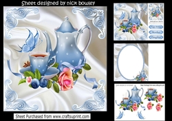 pretty blue teapot with roses and butterflies 8x8 mini kit
