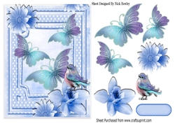 pretty blue butterflies, flowers & bird A5