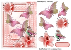 pretty peach butterflies, flowers & bird A5