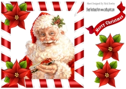 santa with toy train and poinsettias 8x8 