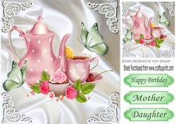 pretty pink teapot with butterflies roses, & cupcakes on satin 8x8