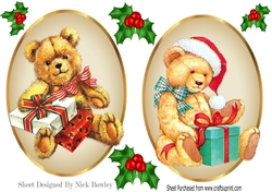 two lovely vintage teddies with presents topper/card fronts