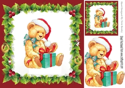 Lovely Vintage teddy with presents in holly frame 8x8