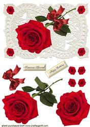 Single Red Rose with Bow on Ecru Lace