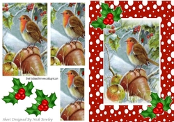 Robin in the snow with pyramids and holly A5 in red snow frame