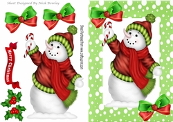 snowman with holly and bows in green spot frame A5