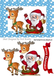 Santa with rudolph and his sleigh in blue snow frame