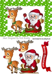 Santa with rudolph and his sleigh in green snow frame A5