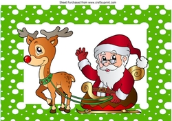 Santa with rudolph and his sleigh in green snow frame A4
