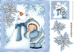 Cute Snowman having a cuddle in blue snow flake frame 8x8