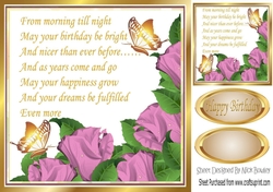 Pretty pink corner roses with verse & gold butterflies Card Front 8x8