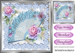 pretty pink roses, butterflies on a fan with lace & satin 8x8